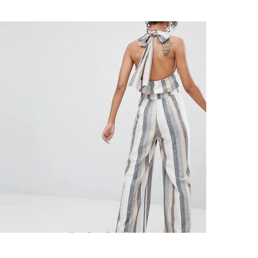 Current Air Striped Halter Neck Wide Leg Jumpsuit Women's Small Tan‎ Brown White - Picture 9 of 12